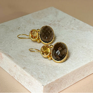 Darae - double gem earrings gold citrine and smoky quartz