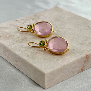 Daya - Double Gem Earrings Gold Peridot and Pink Chalcedony