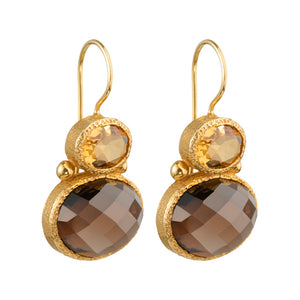 Darae - double gem earrings gold citrine and smoky quartz