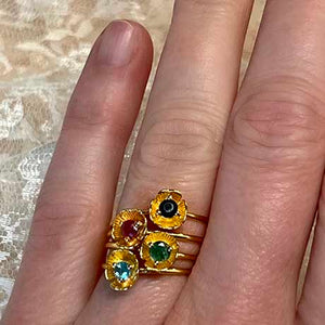 Dahlia - golden mini flower ring blue topaz