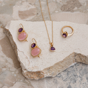Darae - double gem earrings gold amethyst and pink chalcedony