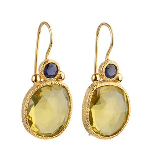 Daya - Double Gem Earrings Gold Iolite and Lemon Quartz