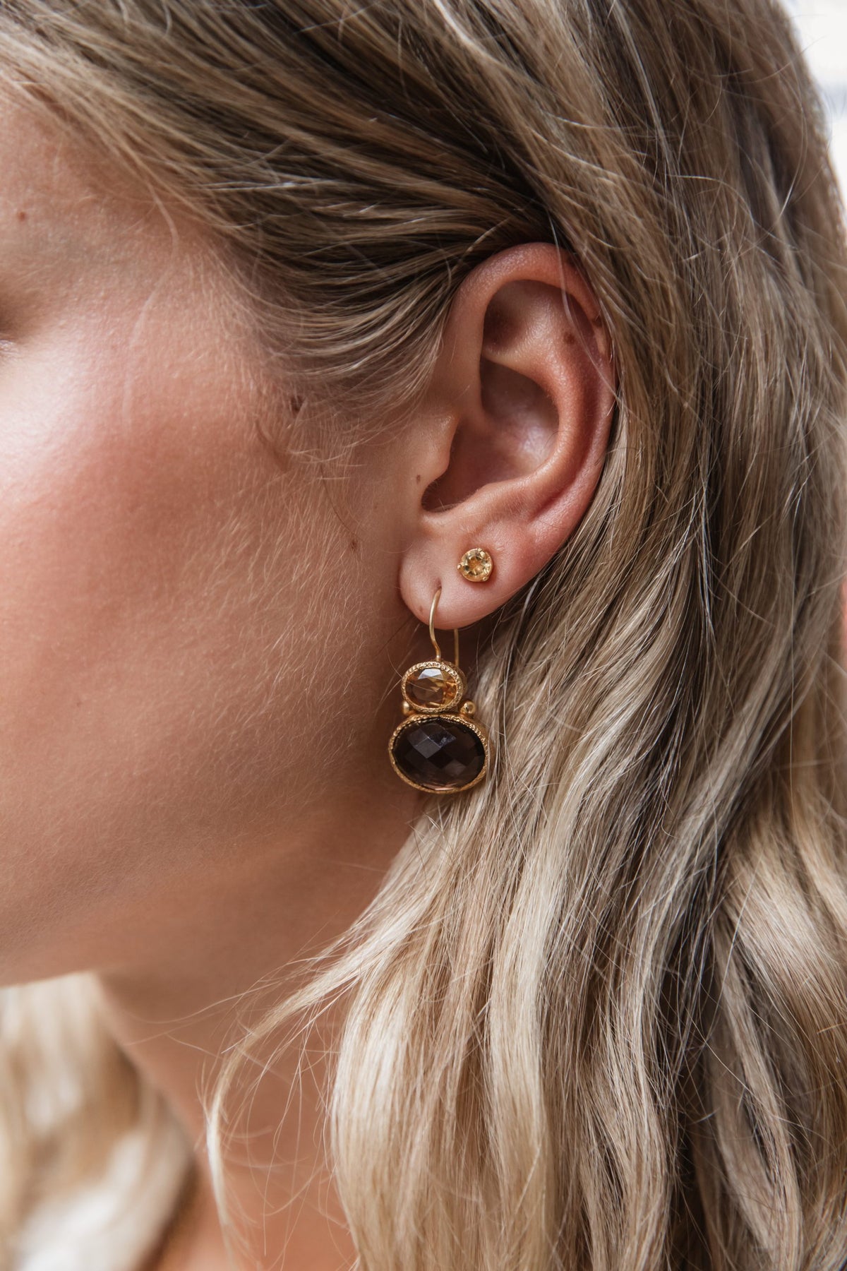 Darae - double gem earrings gold peridot and lemon quartz