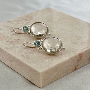 Daya - Double Gem Earrings Silver Blue Topaz and Clear Quartz