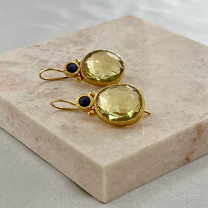 Daya - Double Gem Earrings Gold Iolite and Lemon Quartz