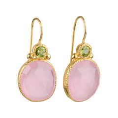 Daya - Double Gem Earrings Gold Peridot and Pink Chalcedony