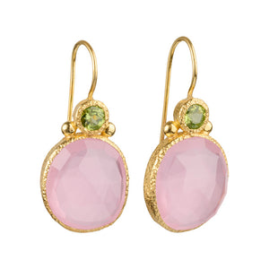 Daya - Double Gem Earrings Gold Peridot and Pink Chalcedony
