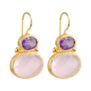 Darae - double gem earrings gold amethyst and pink chalcedony