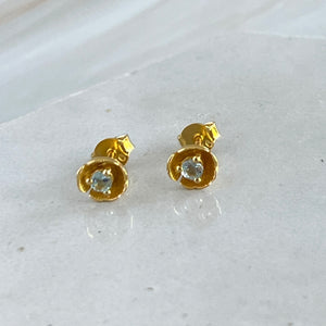 Dahlia - mini flower stud earring gold with blue topaz gemstone