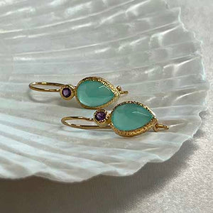 Zaya - double drop earrings gold aqua chalcedony and amethyst