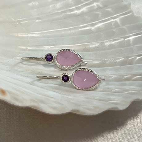 Zaya - double drop earrings silver amethyst and pink chalcedony