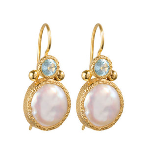 Devi - Pearl earrings gold with blue topaz gemstones