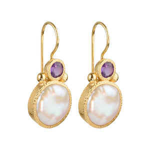 Devi - Pearl earrings gold with amethyst gemstone