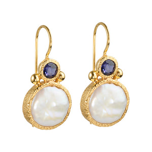 Devi - Pearl earrings gold with iolite gemstone